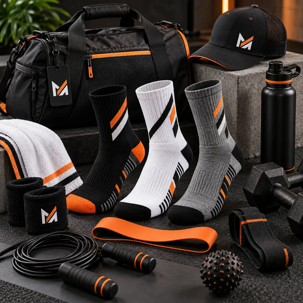 Custom athletic socks in black, white, and gray with orange accents, displayed alongside a Mega Apparel-branded duffel bag, cap, wristbands, towel, water bottle, resistance band, and jump rope.